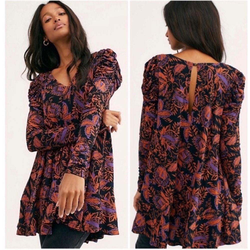 Free People Hello Lover Tunic Womens Floral Paisley Black Orange Size Medium‎